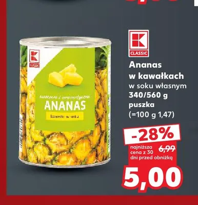 Ananas w puszce w kawałkach w soku własnym K-Classic promocja w Kaufland