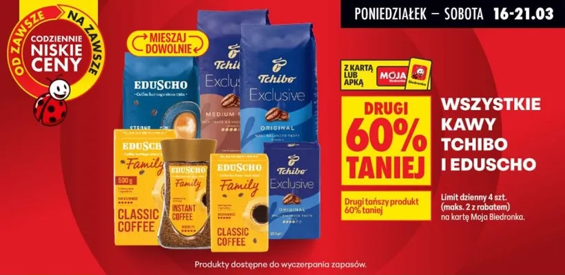 Wszystkie kawy Tchibo i Eduscho DRUGA -60% promocja w Biedronka