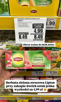 Herbata zielona owocowa Lipton z nutą truskawki i maliny promocja w Dino
