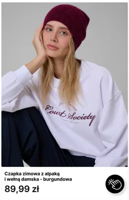 Czapka zimowa z alpaką i wełną damska burgundowa promocja w 4F
