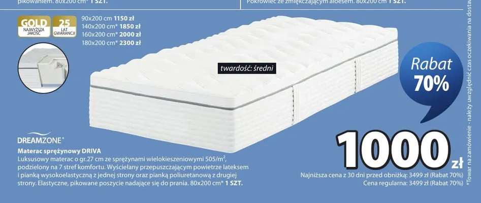Materac sprężynowy Driva 90x200 cm Dreamzone promocja w Jysk
