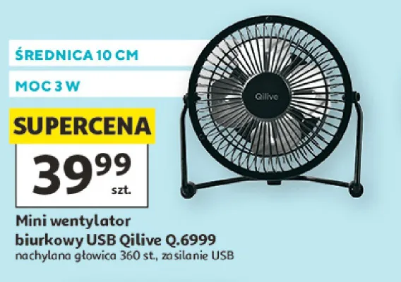 Mini wentylator biurkowy USB Qilive Q.6999 średnica 10cm moc 3W promocja w Auchan