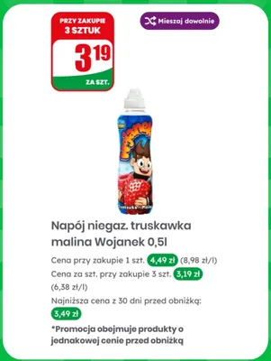 Napój niegazowany truskawka malina Wojanek promocja w Dino
