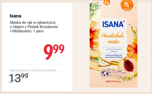Maska do rąk w rękawiczce z olejem z pestek brzoskwini i hibiskusem Isana promocja w Rossmann