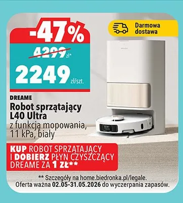 Robot sprzątający L40 Ultra z funkcją mopowania 11 kPa biały DREAME promocja w Biedronka