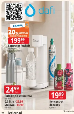 Saturator Dafi Pushair z nabojem CO2 i butelką 0,7 litra promocja w Leclerc