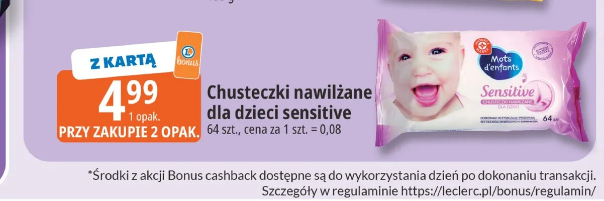 Chusteczki nawilżane dla dzieci Mots d'enfants Sensitive promocja w Leclerc