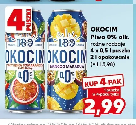Piwo bezalkoholowe Okocim 0% Mango z Marakują 4-pak 500ml promocja w Kaufland