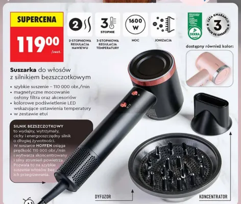 Suszarka do włosów z silnikiem bezszczotkowym Hoffen promocja w Biedronka