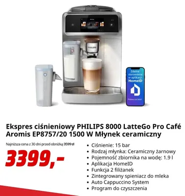 Ekspres ciśnieniowy Philips 8000 LatteGo Pro Café Aromis EP8757/20 młynek ceramiczny promocja w Media Markt