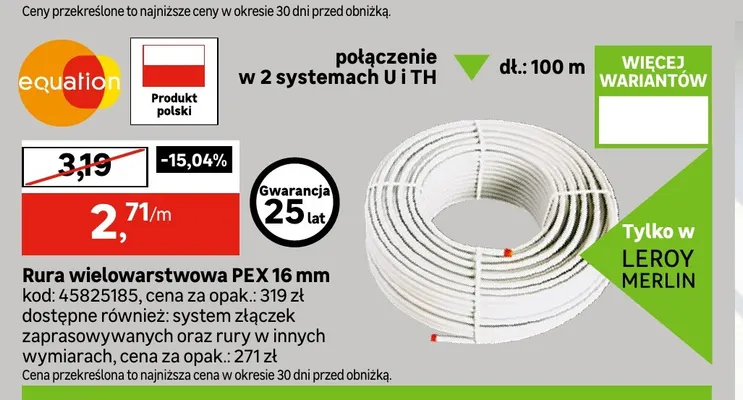 Rura wielowarstwowa PEX 16 mm 100 m Equation promocja w Leroy Merlin