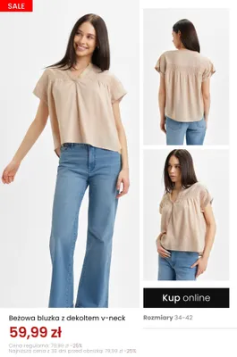 Bluzka damska beżowa z dekoltem v-neck promocja w Top Secret