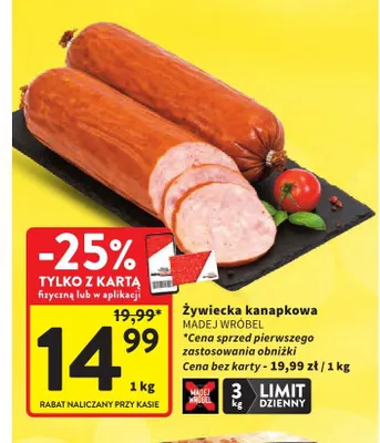 Kiełbasa żywiecka kanapkowa Madej Wróbel promocja w Intermarche