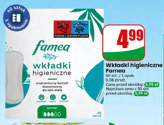 Wkładki higieniczne Famea normal promocja w Dino