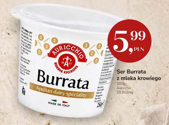 Ser Burrata z mleka krowiego Auricchio promocja w Market Point