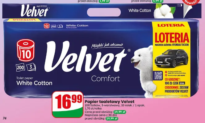 Papier toaletowy Velvet White Cotton 10-pak promocja w Dino