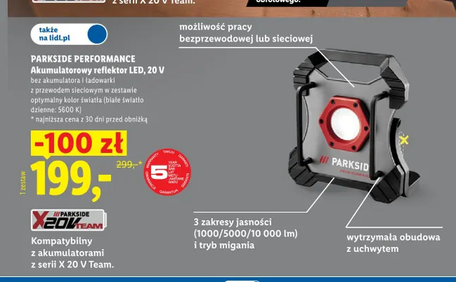 Akumulatorowy reflektor LED Parkside Performance 20V promocja w Lidl