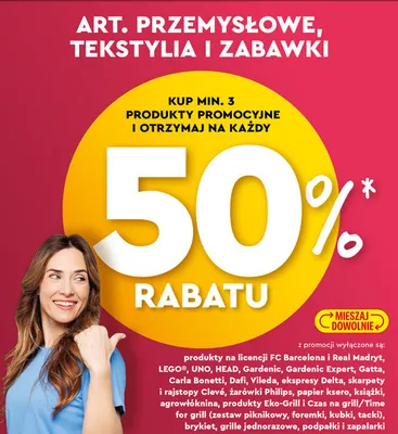 Artykuły przemysłowe, tekstylia i zabawki -50% przy zakupie 3 promocja w Biedronka
