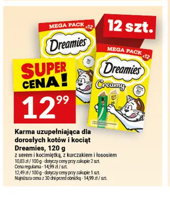 Karma uzupełniająca dla dorosłych kotów i kociąt Dreamies z serem i kocimiętką promocja w Twój Market