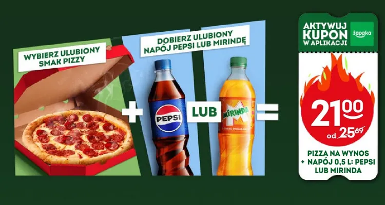 Zestaw pizza na wynos + napój Mirinda 0,5 l promocja w Żabka