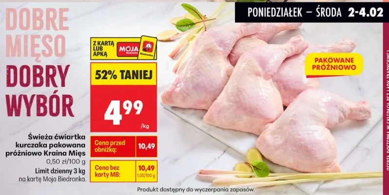 Świeża ćwiartka kurczaka pakowana próżniowo  promocja w Biedronka