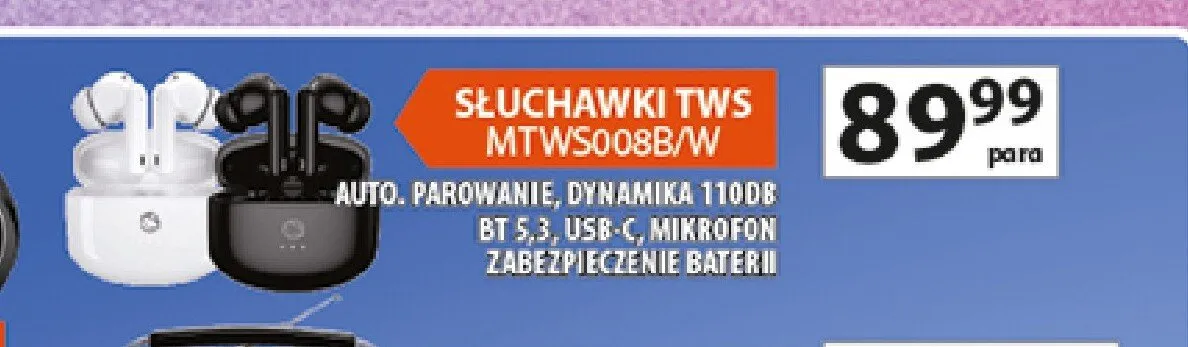 Słuchawki TWS Manta MTWS008B/W auto. parowanie, dynamika 110dB BT 5,3, USB-C, mikrofon zabezpieczenie baterii promocja w Auchan