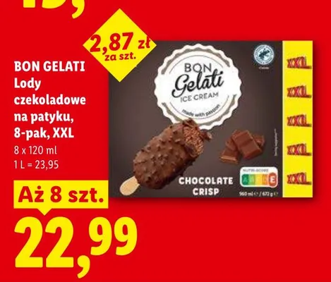 Lody czekoladowe na patyku Chocolate Crisp BON GELATI 8-pak XXL promocja w Lidl