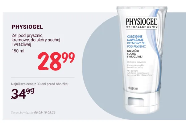 Kremowy żel pod prysznic Physiogel Codzienne Nawilżanie do skóry suchej i wrażliwej promocja w Rossmann