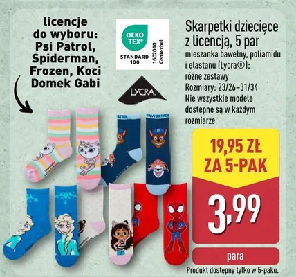 Skarpetki dziecięce z licencją, 5 par promocja w Aldi