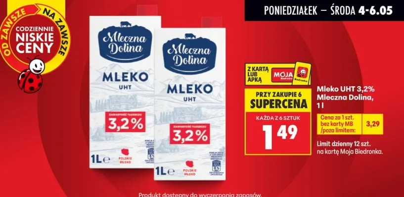 Mleko UHT 3,2% Mleczna Dolina promocja w Biedronka