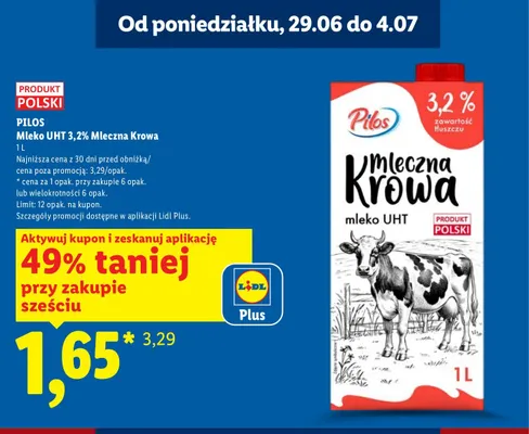 Mleko UHT 3,2% Mleczna Krowa Pilos promocja w Lidl