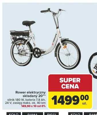 Rower elektryczny składany 20" silnik 180W bateria 7,8Ah 24V zasięg maks. ok. 40 km promocja w Carrefour