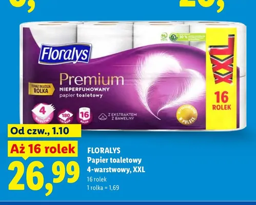 Papier toaletowy 4-warstwowy XXL 16-pak Floralys promocja w Lidl