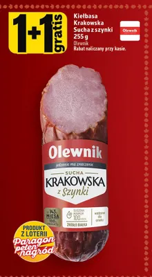 Kiełbasa krakowska sucha z szynki Olewnik promocja w TOPAZ
