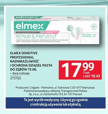Pasta do zębów Elmex Sensitive Professional Repair & Prevent promocja w Selgros