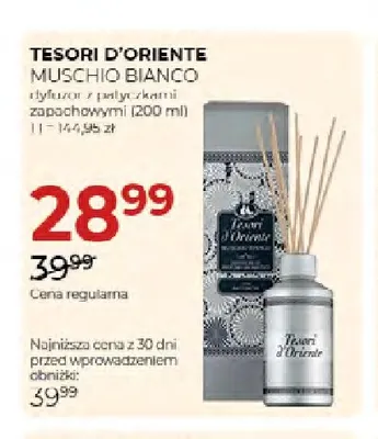 Dyfuzor z patyczkami zapachowymi Muschio Bianco Tesori d'Oriente promocja w Drogerie Jawa