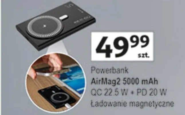 Powerbank AirMag2 5000 mAh QC 22.5 W + PD 20 W ładowanie magnetyczne promocja w Auchan