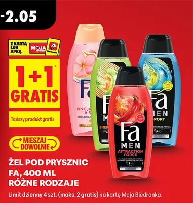 Żel pod prysznic 400ml, różne rodzaje 1+1 GRATIS promocja w Biedronka