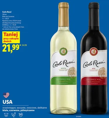 Wino Carlo Rossi czerwone półwytrawne promocja w Lidl