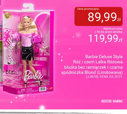 Barbie Deluxe Style Róż i czerń Lalka Różowa bluzka bez ramiączek i czarna spódniczka Blond limitowana JJN78 promocja w Smyk