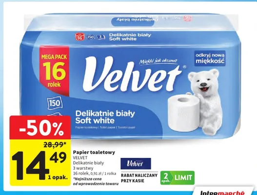 Papier toaletowy Velvet Delikatnie biały Soft white promocja w Intermarche