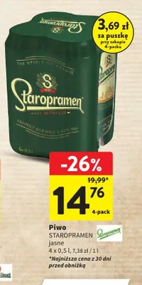 Piwo Staropramen jasne 4-pak promocja w Intermarche