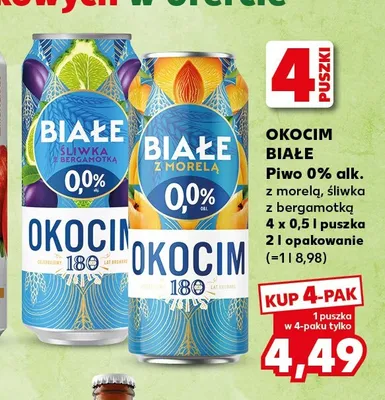 Piwo bezalkoholowe Okocim Białe Śliwka z Bergamotką 4-pak promocja w Kaufland