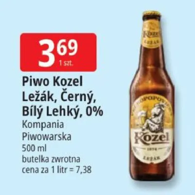 Piwo Kozel Leżak, Černy, Biły Lehky, 0% promocja w Leclerc