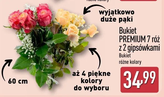 Bukiet PREMIUM 7 róż z gipsówkami różne kolory wyjątkowo duże pąki promocja w Aldi