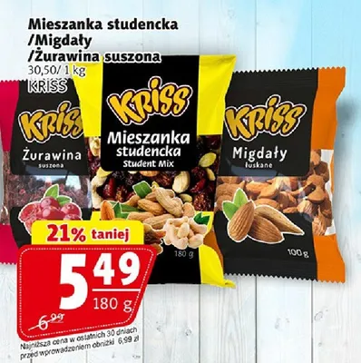 Mieszanka studencka/migdały/żurawina suszona 150g promocja w Prim Market