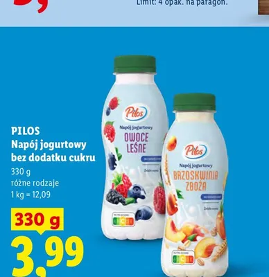 Napój jogurtowy bez dodatku cukru brzoskwinia zboża Pilos promocja w Lidl