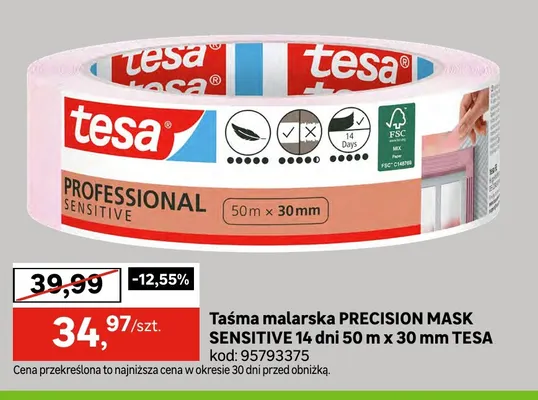 Taśma malarska Precision Mask Sensitive 14 dni 50 m x 30 mm Tesa promocja w Leroy Merlin