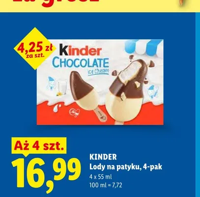 Lody na patyku Kinder Chocolate 4-pak promocja w Lidl