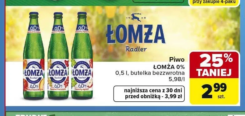 Piwo bezalkoholowe Łomża Radler 0,0% malina z agrestem promocja w Carrefour